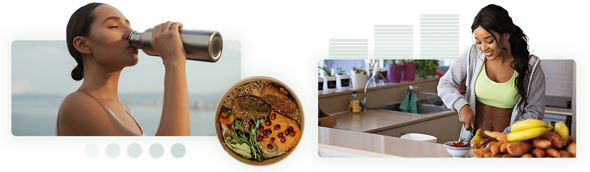 Happy female Life Sciences customers eating and drinking living healthy lifestyle
